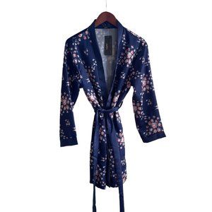 NWT Morgan Lane, Navy Blue with Floral Print Satin Short Robe, Size S/M